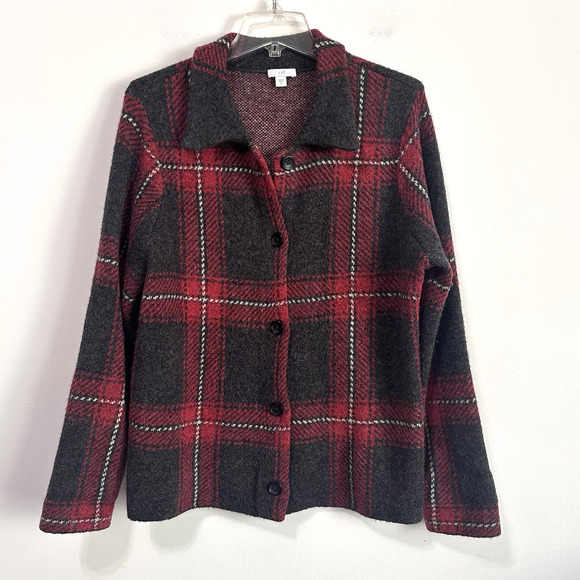 J Jill Coat M Red Black Plaid Wool Blend Button Front Jacket Shacket Trendy Fall - Picture 1 of 9